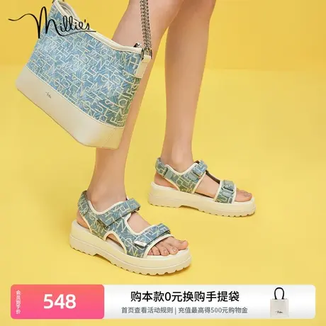 millie's/妙丽新款时尚丹宁老花牛仔休闲女松糕厚底凉鞋SFB03BL2图片