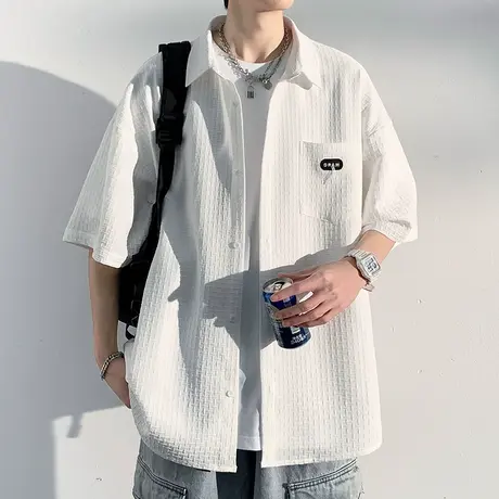短袖衬衫男士夏季新款潮牌肌理感休闲学生衬衣外套潮流半袖寸潮衫图片