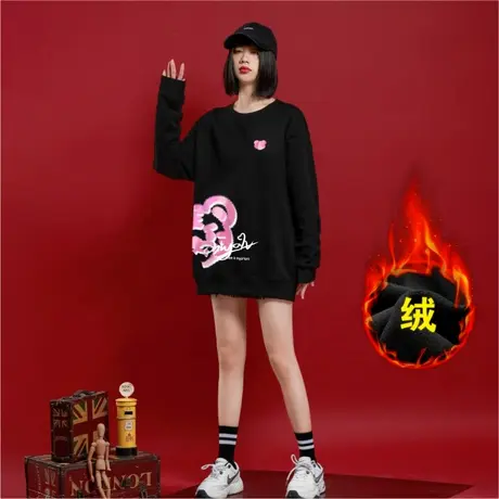 潮牌大码女装2023秋冬新款保暖减龄卡通卫衣女加绒加厚无帽黑外套商品大图