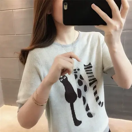 针织百搭短袖T恤女2023夏季新款卡通减龄冰丝半袖体恤正肩上衣薄图片