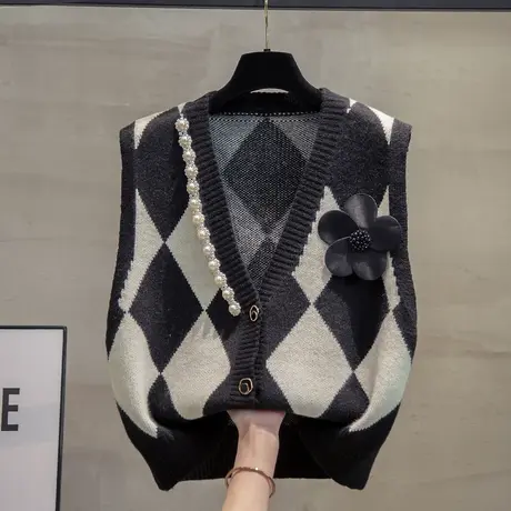 v领菱形重工针织开衫马甲女2023秋装新款马夹外穿上衣短毛衣坎肩商品大图