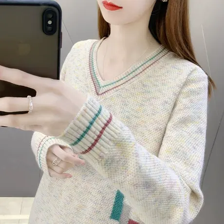 2023年秋装新款V领针织衫花纱毛衣女套头洋气宽松外穿长袖上衣女商品大图