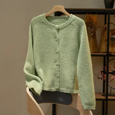 享永子亮片针织开衫女春秋文艺复古纯色宽松显瘦百搭上衣2023新款商品大图