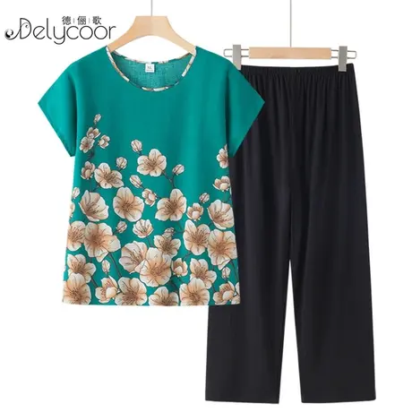 妈妈夏季洋气棉绸套装中老年女装奶奶宽松大码短袖上衣老年人衣服商品大图