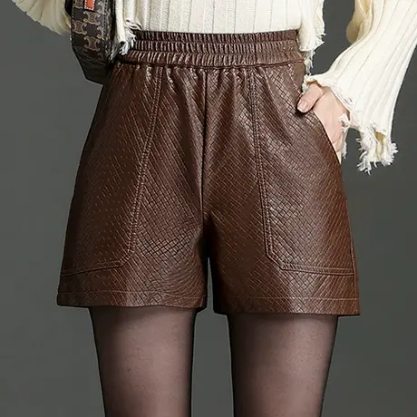 黑色高腰a字短裤2023年新款宽松直筒阔腿裤休闲裤子女秋装PU皮裤商品大图