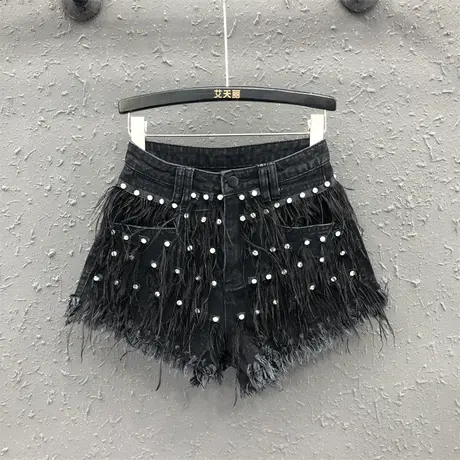 2023夏季新款重工烫钻洋气高级感流苏镶钻宽松显瘦阔腿牛仔短裤女商品大图