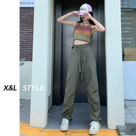 军绿色工装裤女春秋2023新款美式西装裤直筒宽松阔腿运动休闲裤子图片