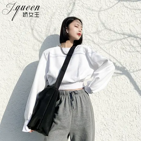 短款卫衣女秋季韩版宽松显瘦休闲圆领高腰时尚百搭纯色套头上衣潮图片