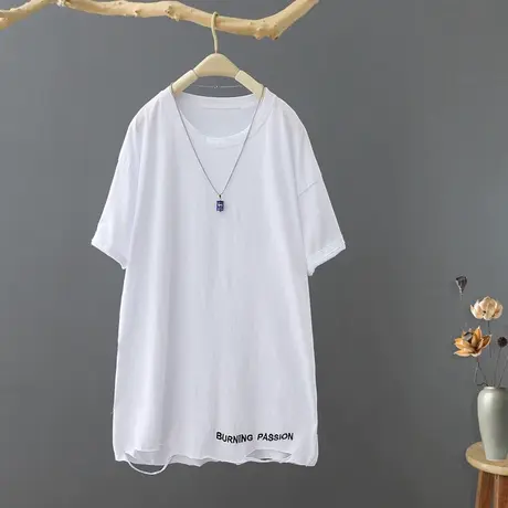 夏装新款韩版中长款圆领纯色短袖白t恤女宽松简约刺绣打底上衣潮商品大图