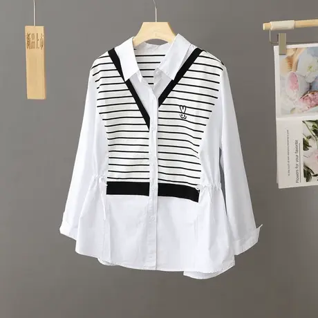 抽绳收腰条纹拼接白色衬衫女宽松中长款上衣春秋季休闲衬衣长袖潮图片