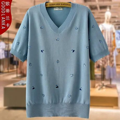 大码中年妈妈夏装冰丝T恤女200斤宽松洋气V领刺绣短袖针织衫上衣商品大图