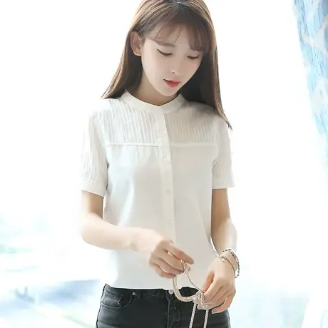2021春夏季新款短袖立领衬衫女韩版修身百搭纯色衬衫学生白色上衣图片