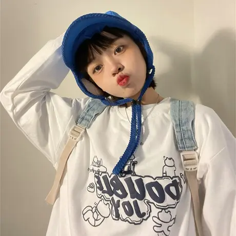 红续ulzzang原宿风纯棉长袖打底衫女趣味卡通印花百搭ins白色上衣图片