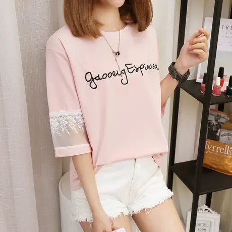 2023夏装五分袖t恤女短袖 chic韩风蕾丝上衣女学生ins半袖打底衫商品大图