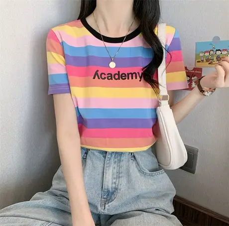 韩国2023新款网红短袖t恤女学生字母印花条纹宽松韩版白色上衣ins商品大图