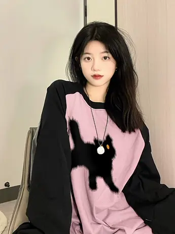 纯棉插肩长袖t恤女秋季2023新款小众设计感宽松韩版打底外穿上衣商品大图