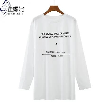 秋冬新款韩版圆领字母印花宽松中长款纯棉休闲长袖体恤上衣内搭女商品大图