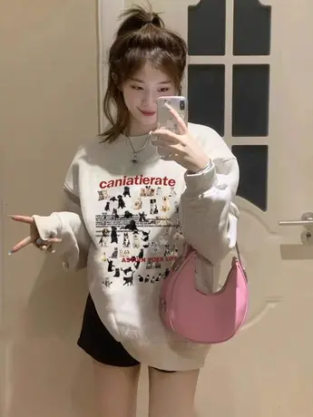 落肩卫衣女2023新款春秋薄款美式复古宽松oversize外套小众设计感图片