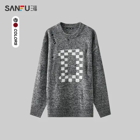 三福2023冬男士街头潮流字母破洞毛衣 宽松圆领上衣男476030商品大图