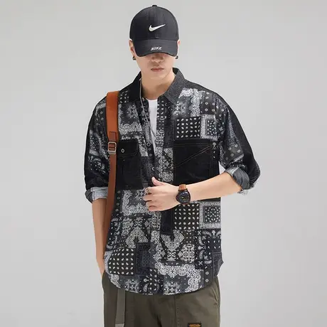 Modi Nick/摩帝尼克复古水洗男士衬衫文艺印花休闲潮流长袖男上衣商品大图