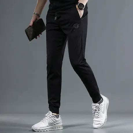 夏季冰丝休闲裤男2023新款黑色修身束脚男士潮牌松紧腰弹力裤子男商品大图