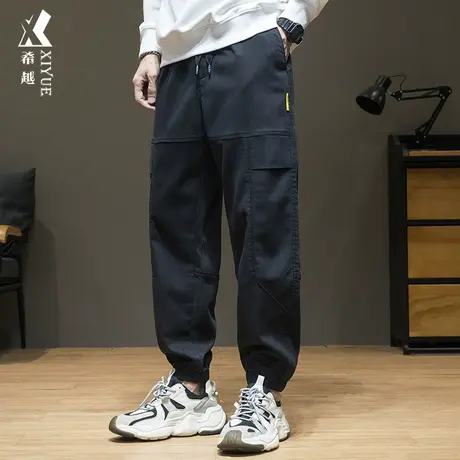 秋季黑色拼接休闲裤男秋冬新款加绒束脚九分裤子宽松大码胖子男裤商品大图