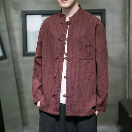 中国风棉麻长袖衬衫男装盘扣亚麻新中式唐装汉服大码外套国潮男装商品大图