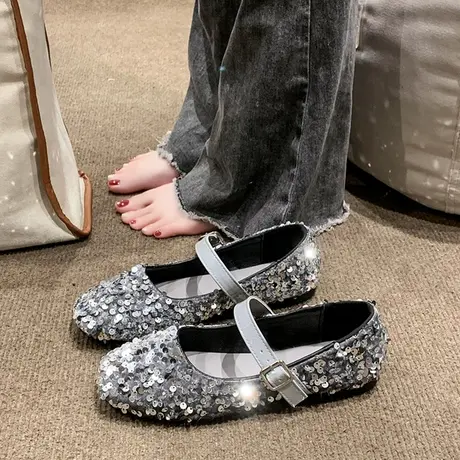 复古配裙子银色小皮鞋亮片玛丽珍鞋晚风方头单鞋2023春夏新款女鞋商品大图