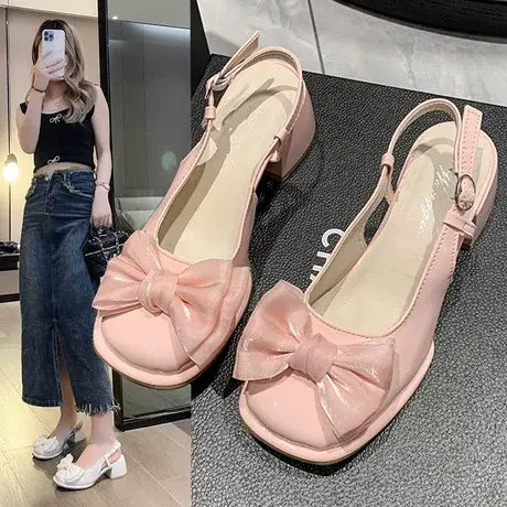 2023夏季甜美蝴蝶结粗跟玛丽珍鞋女士高跟包头凉鞋配裙子仙女鞋商品大图