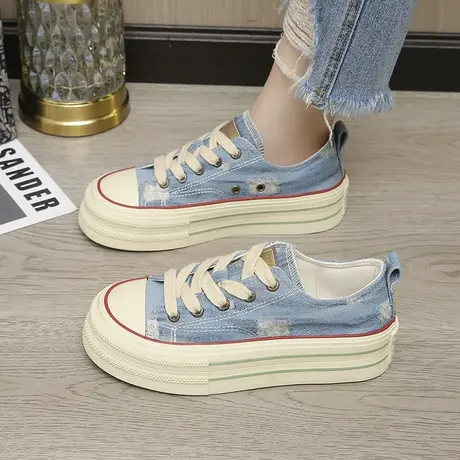 复古牛仔布低帮帆布鞋女秋季2023年新款时尚透气厚底增高休闲板鞋图片