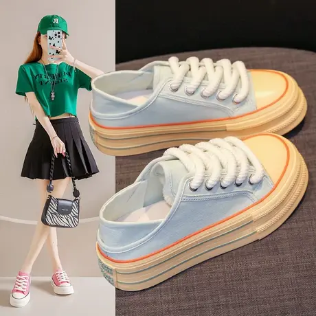 厚底踩跟帆布鞋女2023新款韩版小个子增高薄款系带低帮板鞋小白鞋商品大图