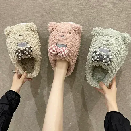棉拖鞋女秋冬天室内居家用可爱蝴蝶结小熊防滑厚底毛绒保暖月子鞋商品大图