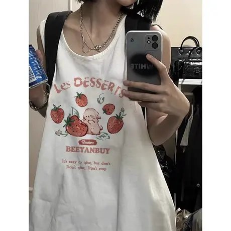 纯棉吊带运动坎肩背心无袖t恤女夏季外穿篮球服宽松港风挂脖上衣商品大图
