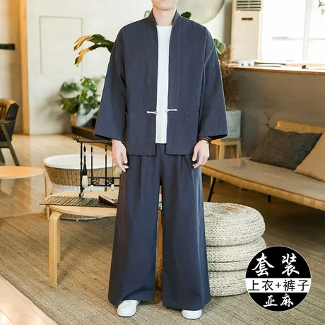 秋季中式布扣唐装男士亚麻汉服民族风棉麻茶艺禅服古装道袍套装图片