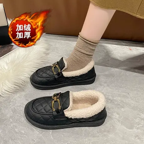 加绒乐福鞋女冬季皮面棉鞋防水防滑工作鞋一脚蹬软底孕妇鞋老北京图片