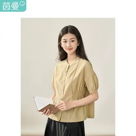 【商场同款】茵曼纯色衬衣2023秋季女装新款圆领短袖收腰显瘦上衣商品大图