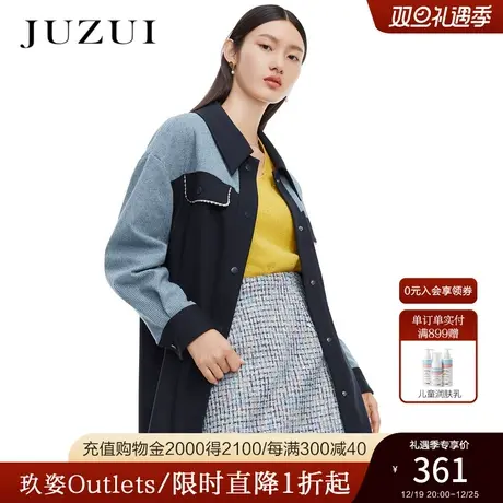 JUZUI玖姿奥莱春秋新款都市时尚拼接帅气休闲系带收腰女中长外套商品大图