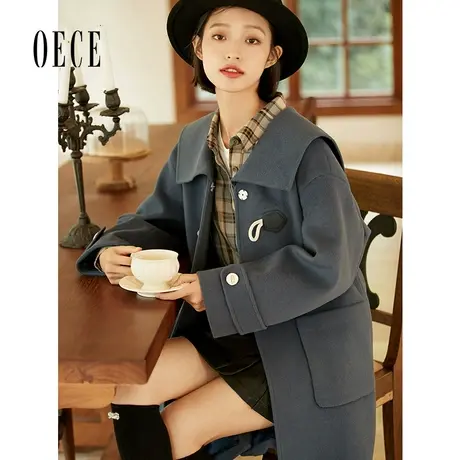 【买1送1】Oece复古毛呢外套冬新款女牛角扣中长羊毛呢子大衣图片