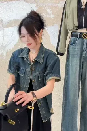 欧货牛仔衬衫外套女短袖23夏韩版时尚复古港风翻领设计感洋气上衣商品大图