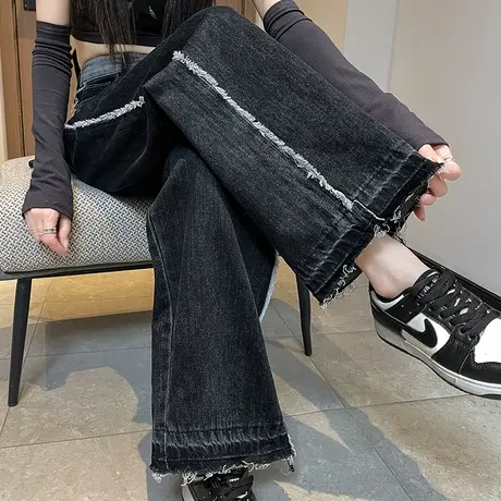 黑色阔腿牛仔裤女2023年春季新款高腰宽松ins毛边拼色直筒长裤潮商品大图
