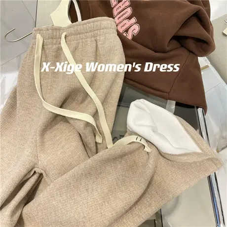 加绒松紧腰仿兔绒休闲裤女冬厚实软糯宽松阔腿拖地直筒坑条长裤子图片