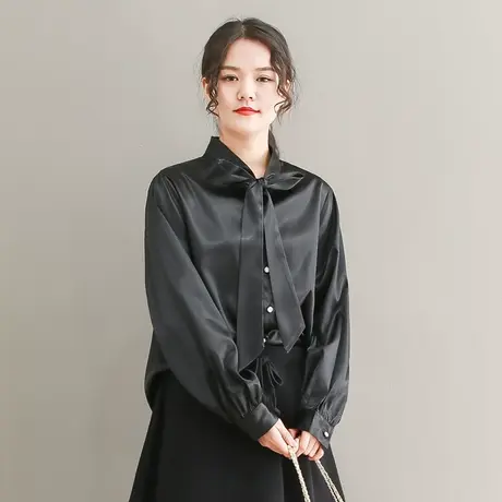 胖妹妹秋季新品缎面蝴蝶结长袖气质衬衫大码微胖文艺宽松显瘦上衣商品大图