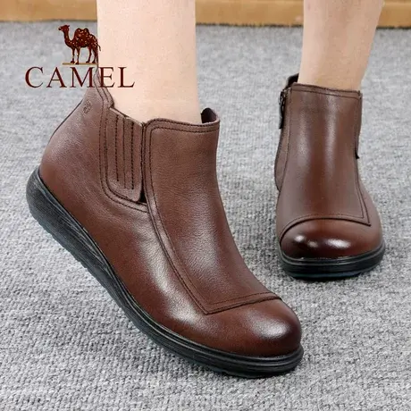Camel/骆驼女鞋秋冬季款真头层牛皮坡跟舒适休闲平底短筒妈妈靴子图片