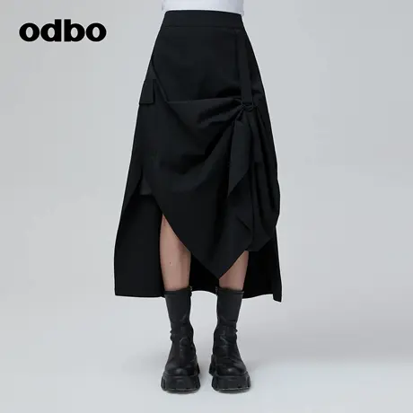 odbo/欧迪比欧原创设计黑色百搭半身裙女秋冬不规则抽褶中长裙子图片
