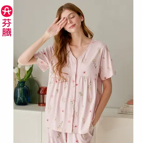 芬腾睡衣女夏季纯棉短袖V领套装新款宽松休闲加大码可外穿家居服商品大图