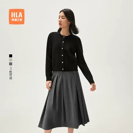 HLA/海澜之色长袖黑色针织开衫秋季新款通勤直筒保暖圆领上衣女装商品大图