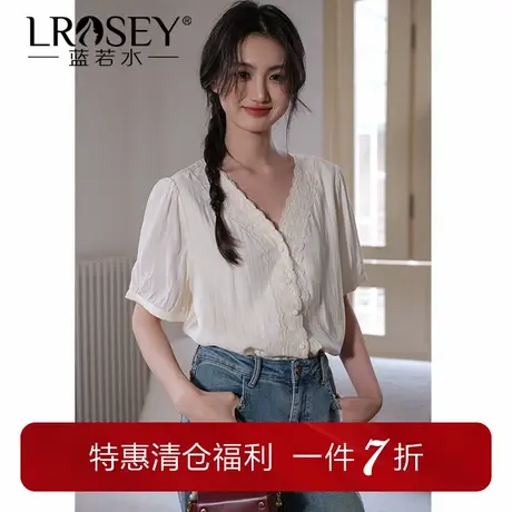 蓝若水大码女装高级感蕾丝V领衬衫夏季新品胖MM显瘦时尚气质衬衣商品大图