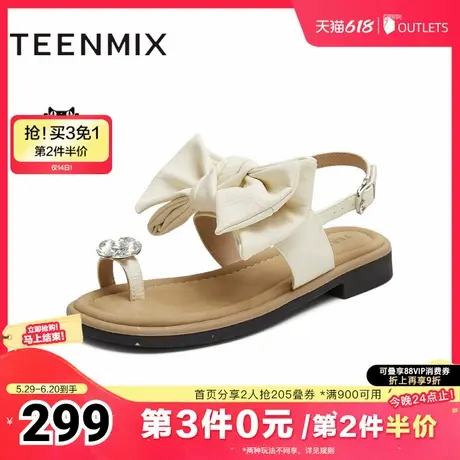 天美意2025夏新款条带凉鞋蝴蝶结百搭纯色女休闲凉鞋KT099BL5图片