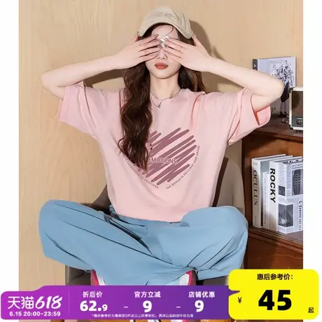 唐狮短袖T恤女宽松2025夏季新款设计感小众印花体恤纯棉粉色上衣商品大图