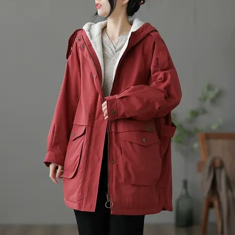 dza 文艺复古连帽中长款棉衣棉服女士2022年冬季加厚加绒保暖棉袄图片